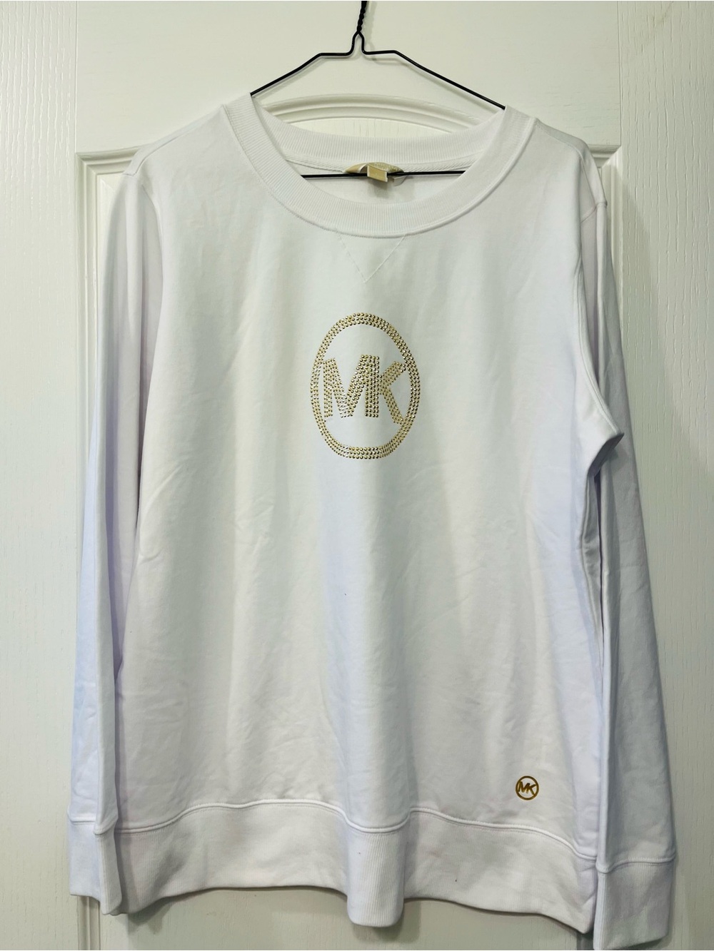 Michael Kors Size Large White Sweatshirt with Gold MK Emblems